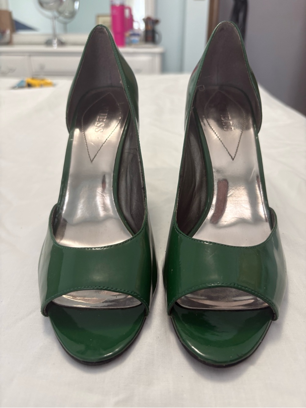 Guess Green Patent Peep-Toe D’Orsay Pumps